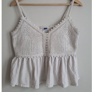 Crochet Lace Peplum Cami Top Cream Boho Sleeveless Smocked Back Large
